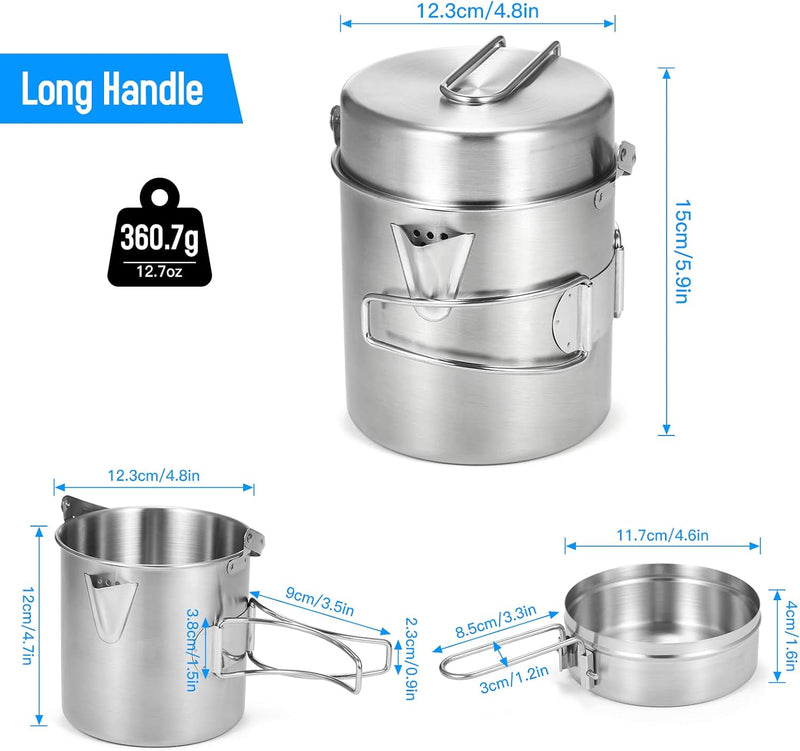 Lixada Camping Topf 1L Edelstahl Tasse BecherKochen Wasserkocher mit Deckel und Griff für Camping Wa