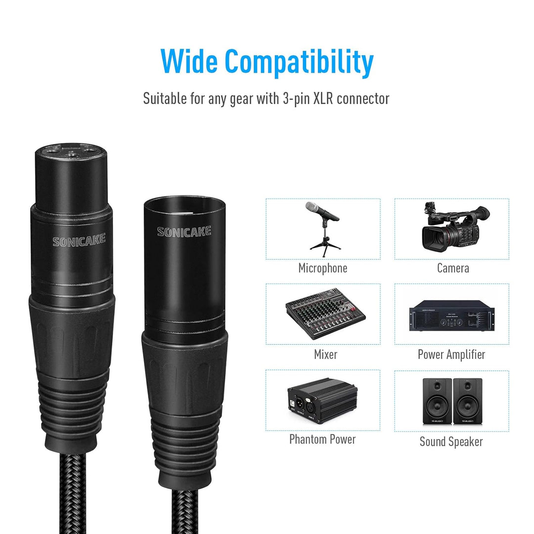 SONICAKE XLR Mikrofonkabel Stecker auf Busche 3-polig Nylon geflochten XLR Kabel Schwarz (2M 2 Stück