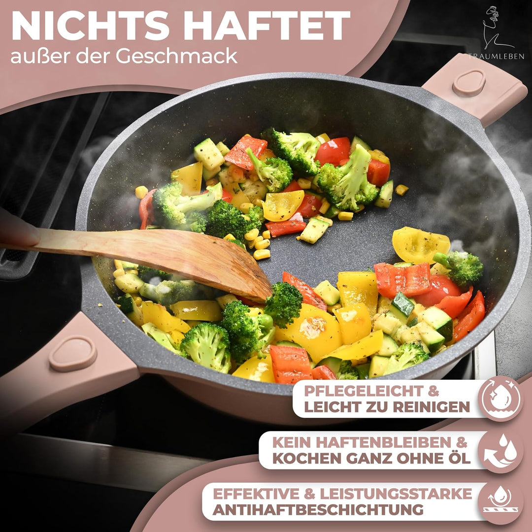 TRAUMLEBEN® Bratpfanne 28 cm mit Deckel, abnehmbaren Griffen &amp; Hitzeindikatoren | PFOA-frei &amp; für In