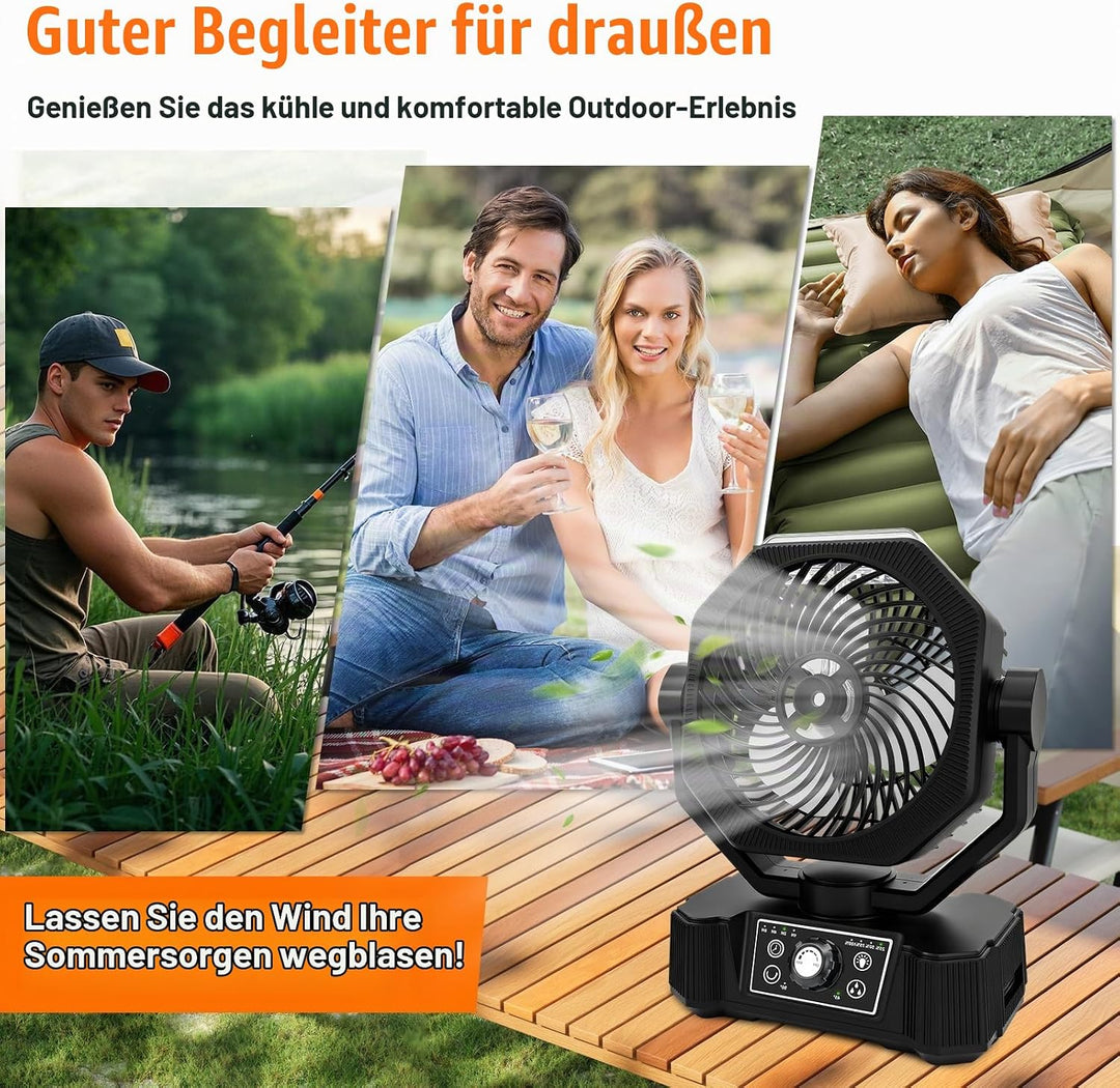 Camping Ventilator mit Wasserkühlung, Solarpanel, licht, 12000mAh Solarventilator Outdoor, Wiederauf