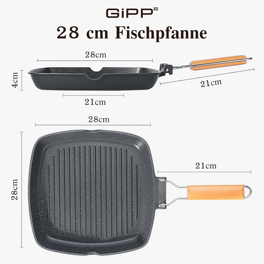 GiPP Poêle Grill avec Poignée Pliable, Granit Non Toxique Antiadhésive Schwarz 28cm, Schwarz 28cm