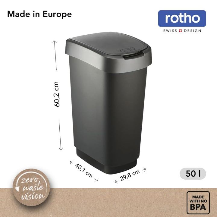 Rotho Twist Mülleimer-Set, 3 Stück, mit Klappdeckel, BPA-frei, schwarz/silber, 10L, 25L und 50L