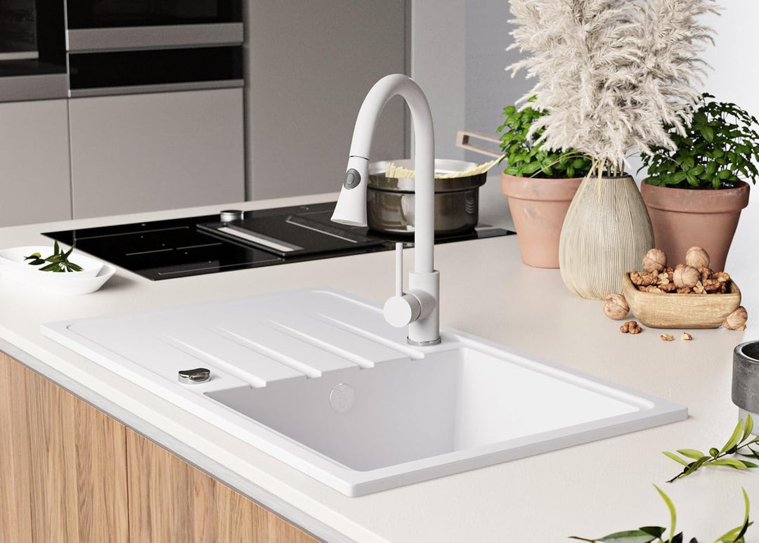 Granitspüle Weiss 78x50 cm, Spülbecken + Ablauf-Set + Küchenarmatur 9000, Küchenspüle für 45er Unter