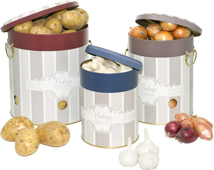 Lashuma Zwiebelbehälter Küche, runde Aufbewahrungsbox für Kartoffeln - Knoblauchdose Vintage 22 cm V