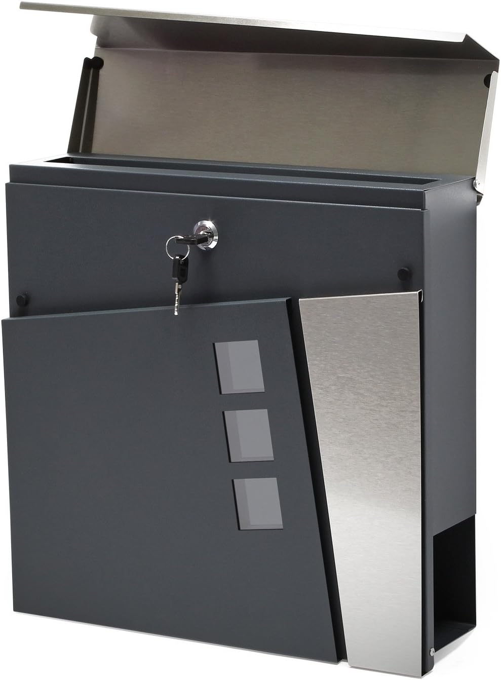 Wiltec Designer Briefkasten V24 Anthrazit und Edelstahl 370 x 105 x 370 mm, Wandbriefkasten mit Schl