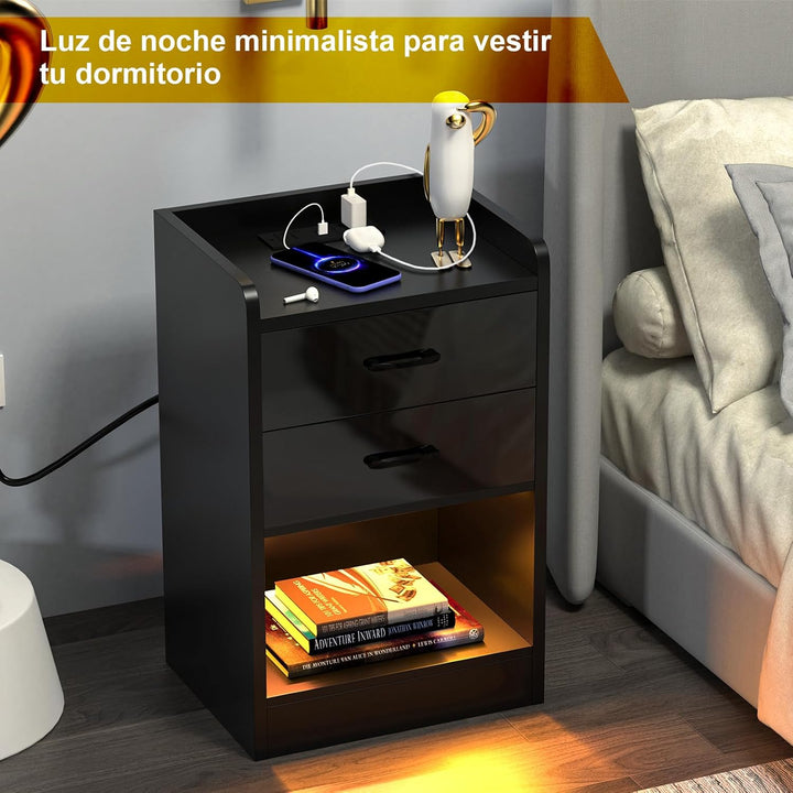 Nachttisch mit LED Licht, Nachttisch mit Ladestation, Nachtschrank mit Steckdosen USB Anschlüsse, Na