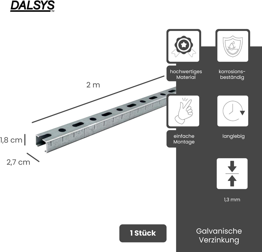 Dalsys Montageschiene 27/18, Schienenkonsole Silber 200cm, 1 Stück, Lochschiene, C-Profilschiene, U-