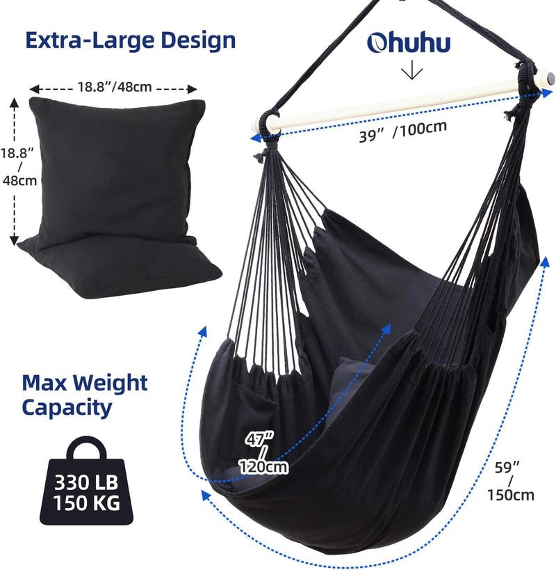 Ohuhu Hängesessel mit 2 Kissen und Deckenhaken-Kit, Hängesessel Outdoor XL Hängestuhl bis 150 kg für