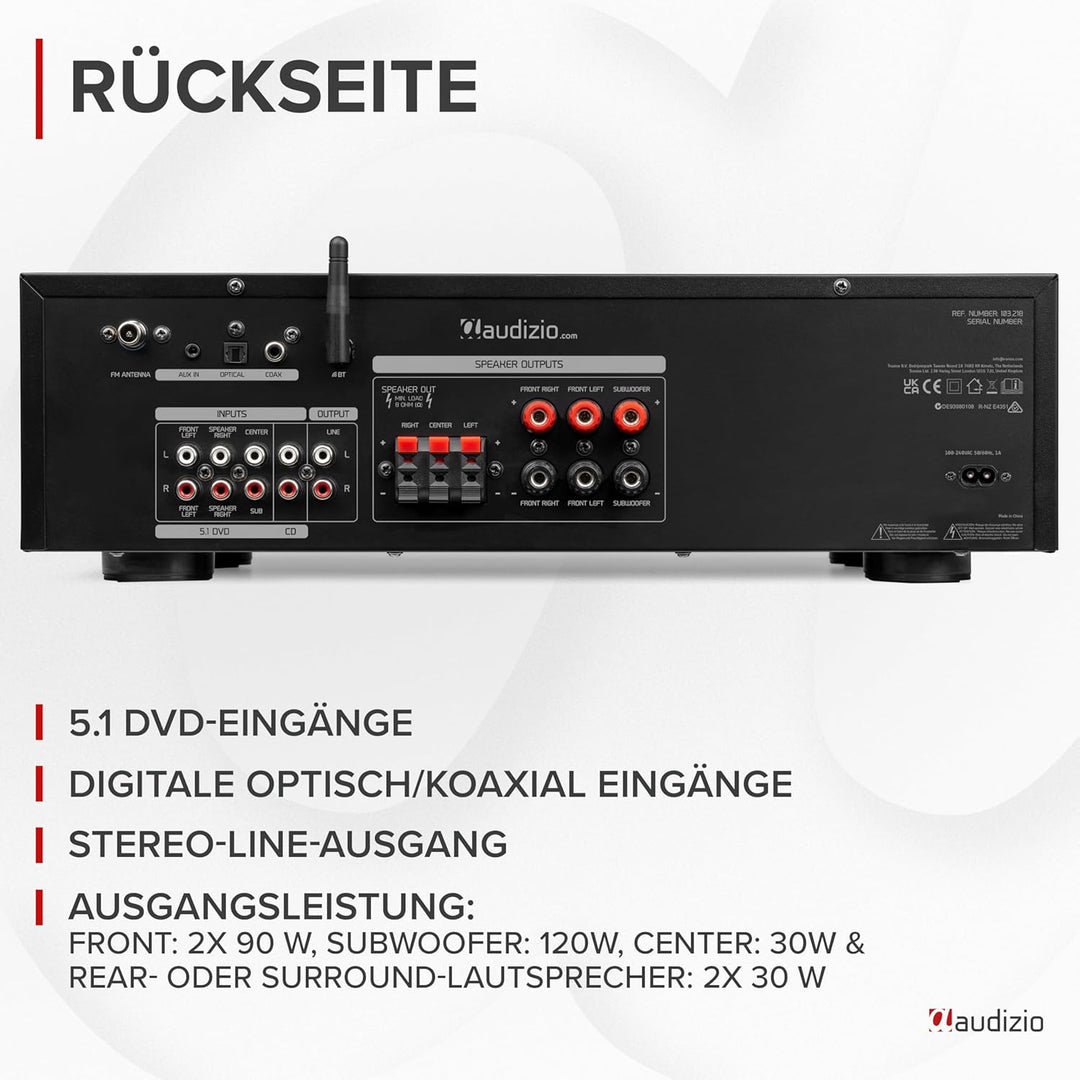Audizio AV560EQ - 5.1 HiFi Verstärker mit Bluetooth, 390 Watt AV Receiver & Stereoanlage für Heimkin
