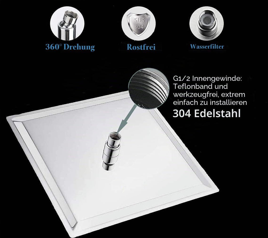 duschkopf regendusche 12 Zoll, Regenduschkopf 30x30cm Eckig aus Edelstahl, Selbstreinigende Regendus
