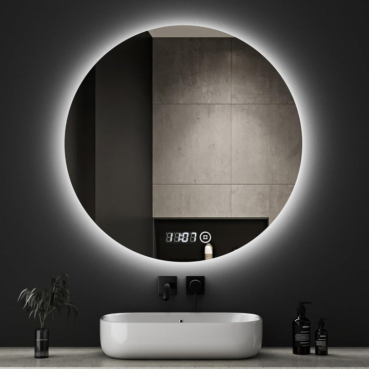 Boromal LED Badspiegel Rund mit Beleuchtung 70x70cm LED Spiegel Rund mit Uhr 3000K-6500K 2352LM Bade