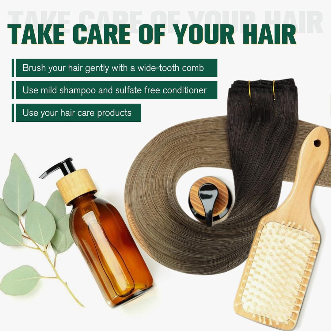 RUNATURE Tressen Echthaar Extensions Balayage Fabre Dunkelbraun mit Mittelbraun und Aschblond Sew in