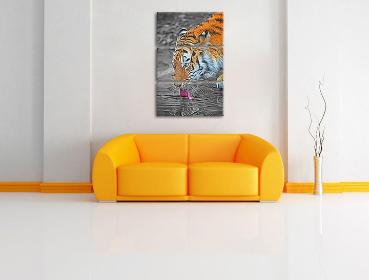 stolzer Tiger am Wasser schwarz/weiss Deluxe 3-Teiler Leinwandbild 120x80 Bild auf Leinwand, XXL rie