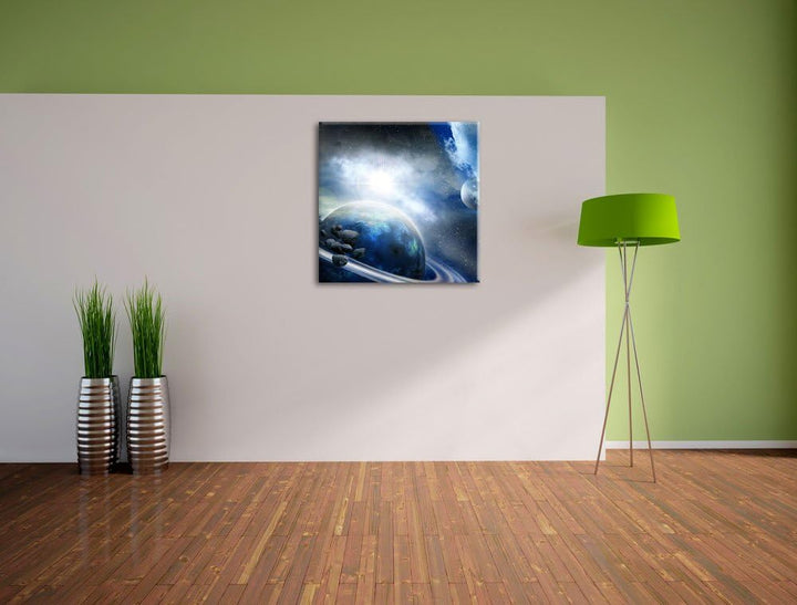 Pixxprint Planeten und Meteoriten im Weltraum, Format: 70x70 auf Leinwand, 70x70