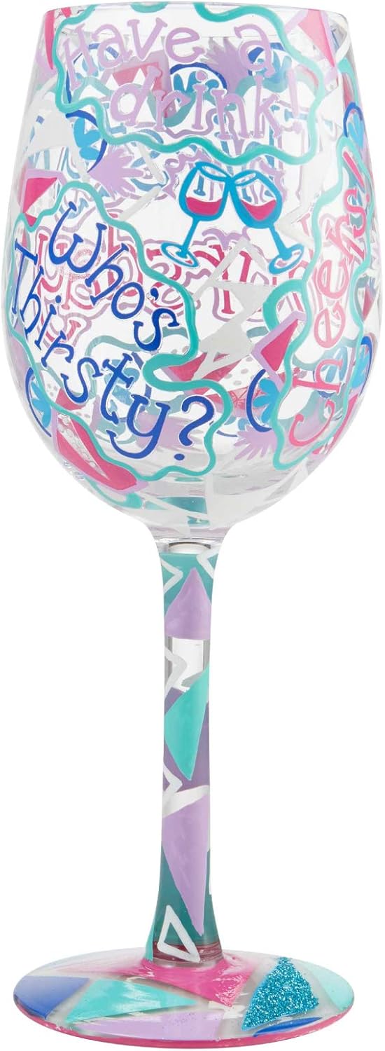 Enesco Designs by Lolita Thirsty Thursday Artisan Weinglas, handbemalt, 1 Stück, mehrfarbig Dursty T