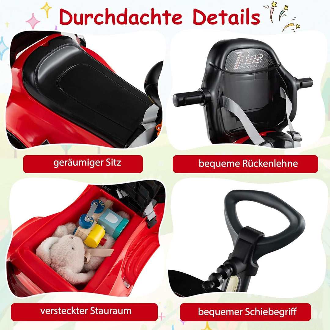 DREAMADE Kinder Rutschauto, 3 in 1 Schiebeauto mit abnehmbarem Verdeck, Sicherheitsgurt & Stauraum,