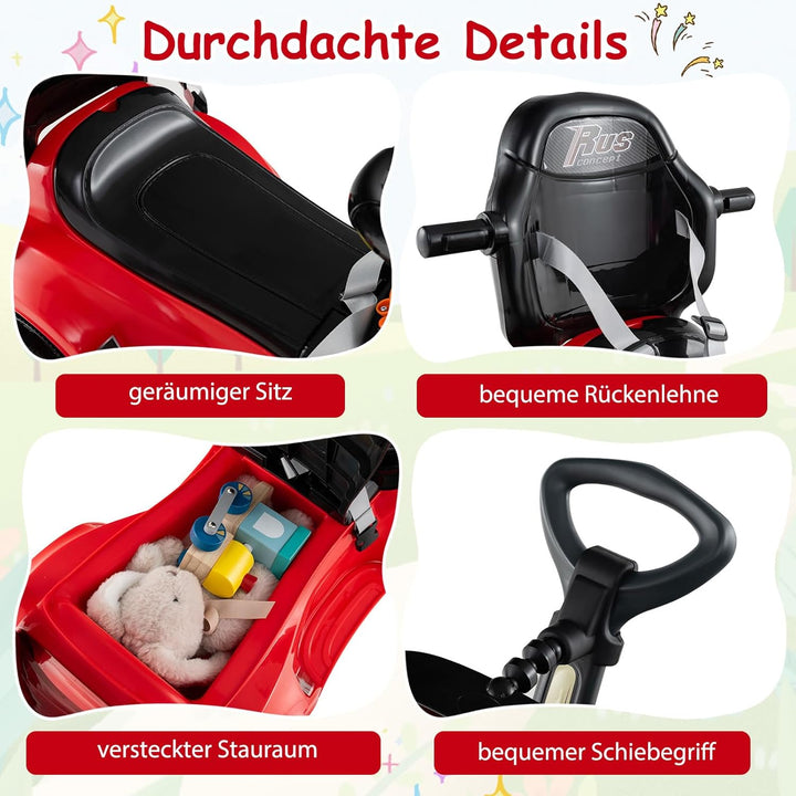 DREAMADE Kinder Rutschauto, 3 in 1 Schiebeauto mit abnehmbarem Verdeck, Sicherheitsgurt & Stauraum,