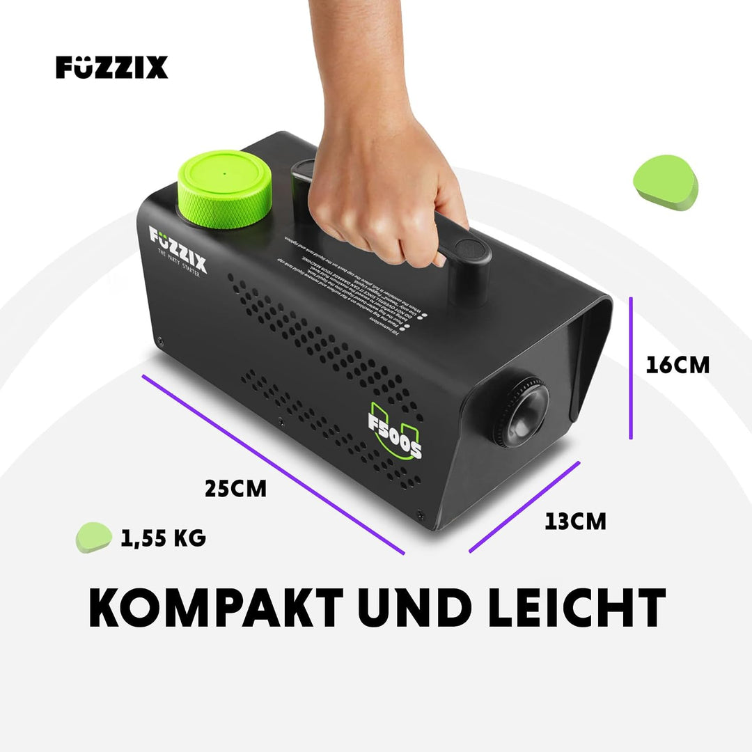Fuzzix F500S Nebelmaschine Mini mit Funk-Fernbedienung, Nebelmaschine Halloween, 500 Watt Rauchmasch