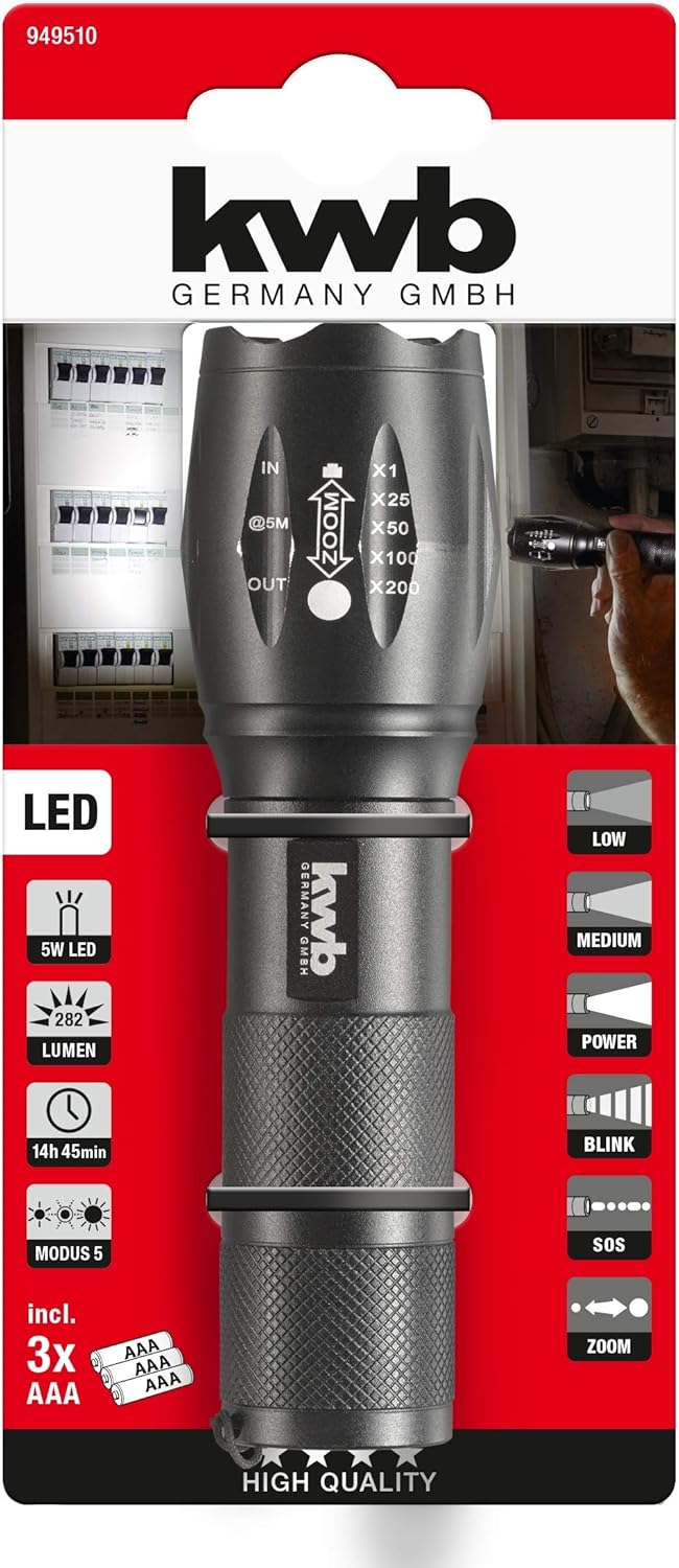 kwb 949510 Aluminium Taschen-Lampe mit LED Technik, inkl. 3 AAA Batterien, ANSI FL 1 - Standard, Leu