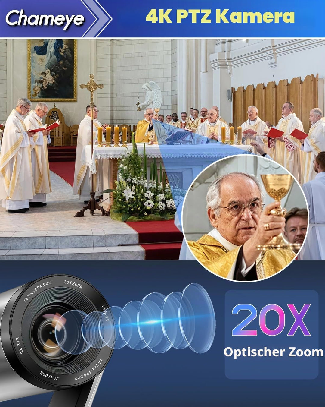 Chameye 4K PTZ Kamera 20x Optischer Zoom mit HDMI, USB3.0 Plug und Play, LAN(PoE) für Videokonferenz