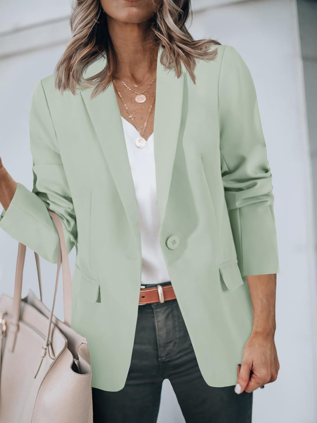 Cicy Bell Damen Langarm Casual Blazer Arbeit Büro Knopf Open Front Jacke Anzug XS Light Green, XS Li