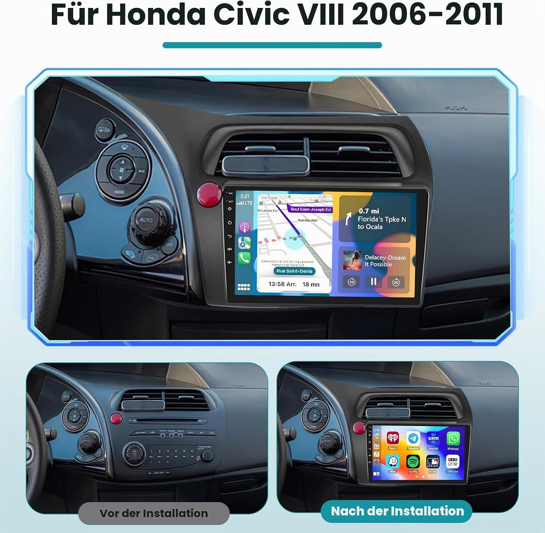 Hikity 2+64G Car Radio 2 DIN Navigation System for Honda Civic VIII 2006-2011 Wireless Carplay Andro