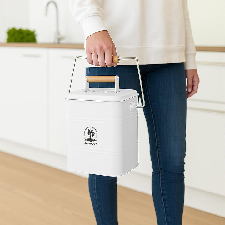 Relaxdays Komposteimer Küche, 3,5 Liter, 2 Aktivkohlefilter, mit Deckel, Henkel, Eisen & Holz, Biomü