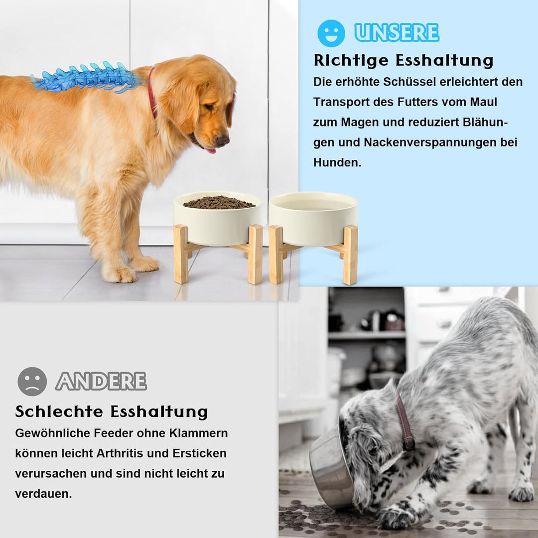 SPUNKYJUNKY Hundenapf Keramik Erhöhter Futternapf Set mit Bambus Ständer für Katzen und Hunde (1800m