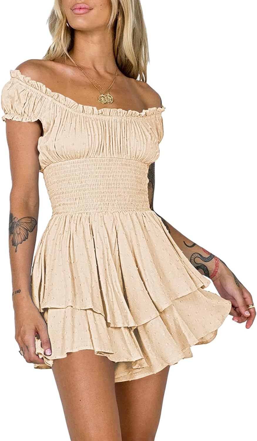Viottiset Damen Rüschen Shorts Strampler Schulterfrei Swiss Dot Sommer Overalls S Aprikose, S Apriko