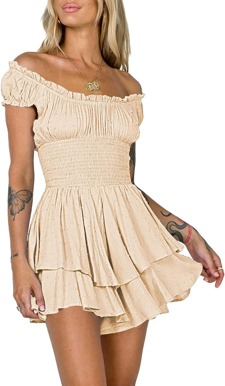 Viottiset Damen Rüschen Shorts Strampler Schulterfrei Swiss Dot Sommer Overalls S Aprikose, S Apriko