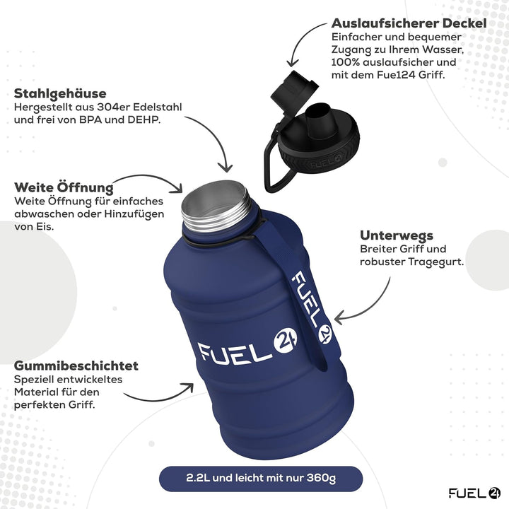 Fuel24 Edelstahl-Krug – 1,3 oder 2,2 Liter Wasserflasche – extra stark, BPA-frei, auslaufsicher – gr