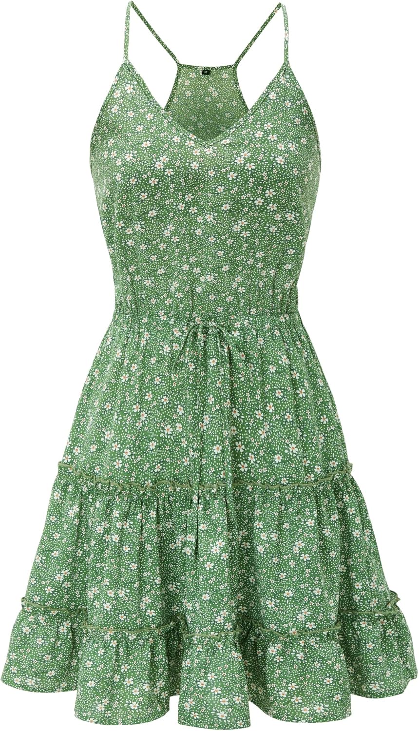 Newshows Sommerkleid Damen Knielang Spaghettiträger Kleid V-Ausschnitt Strandkleider M A1floral 03,