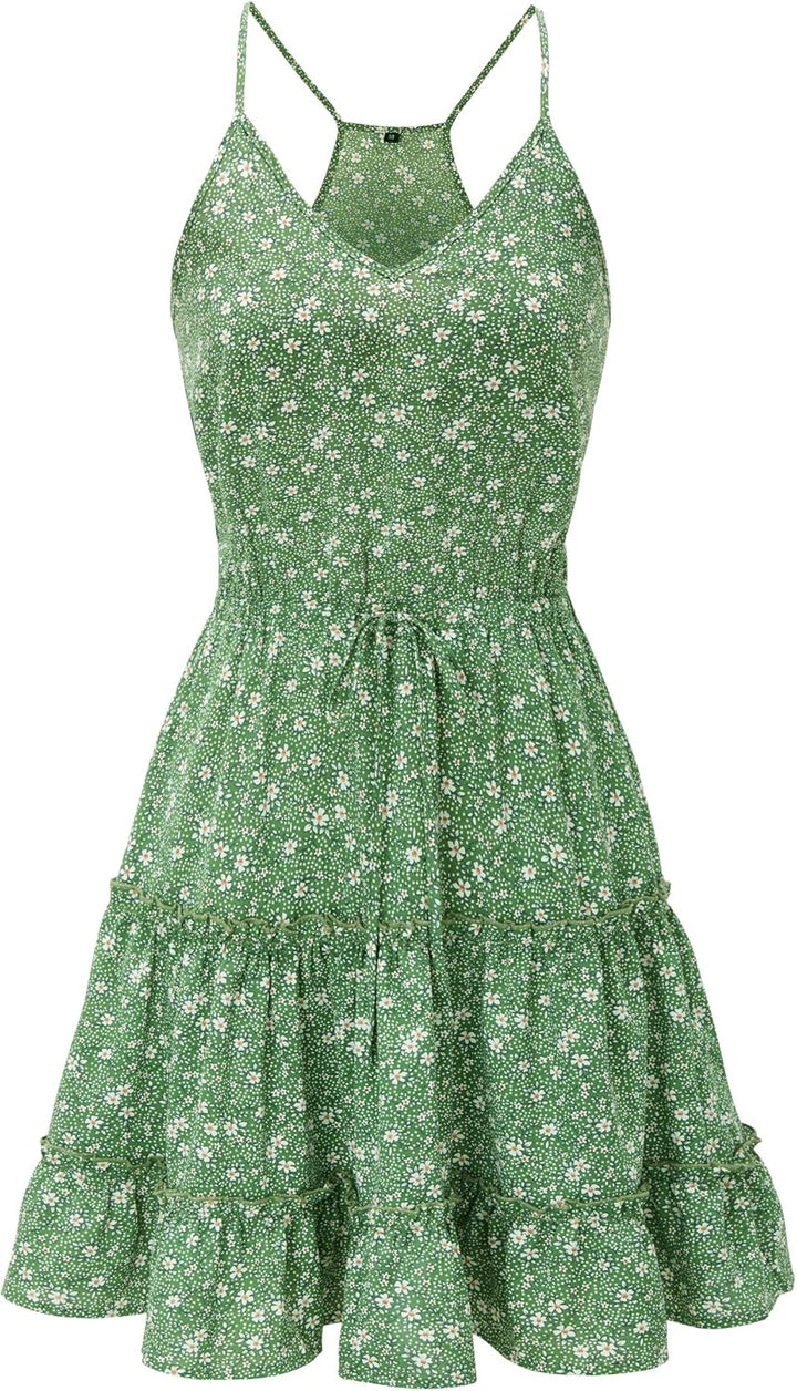 Newshows Sommerkleid Damen Knielang Spaghettiträger Kleid V-Ausschnitt Strandkleider M A1floral 03,