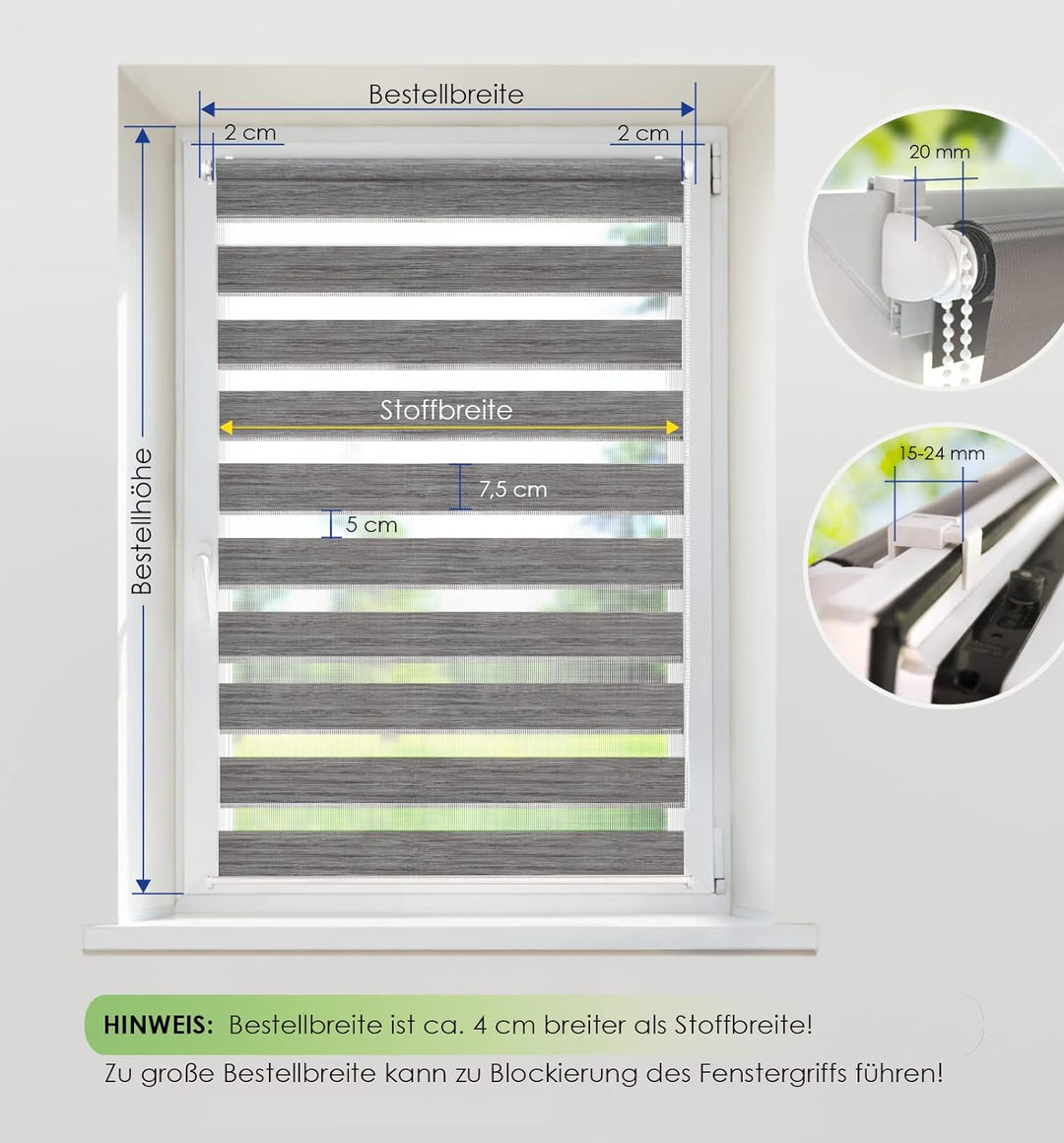 Rikmani Doppelrollo Fensterrollo LUIS Duo-Rollo Klemmfixierung Zebrarollo Seitenzugrollo ohne Bohren