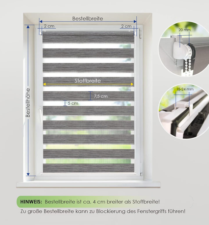 Rikmani Doppelrollo Fensterrollo LUIS Duo-Rollo Klemmfixierung Zebrarollo Seitenzugrollo ohne Bohren
