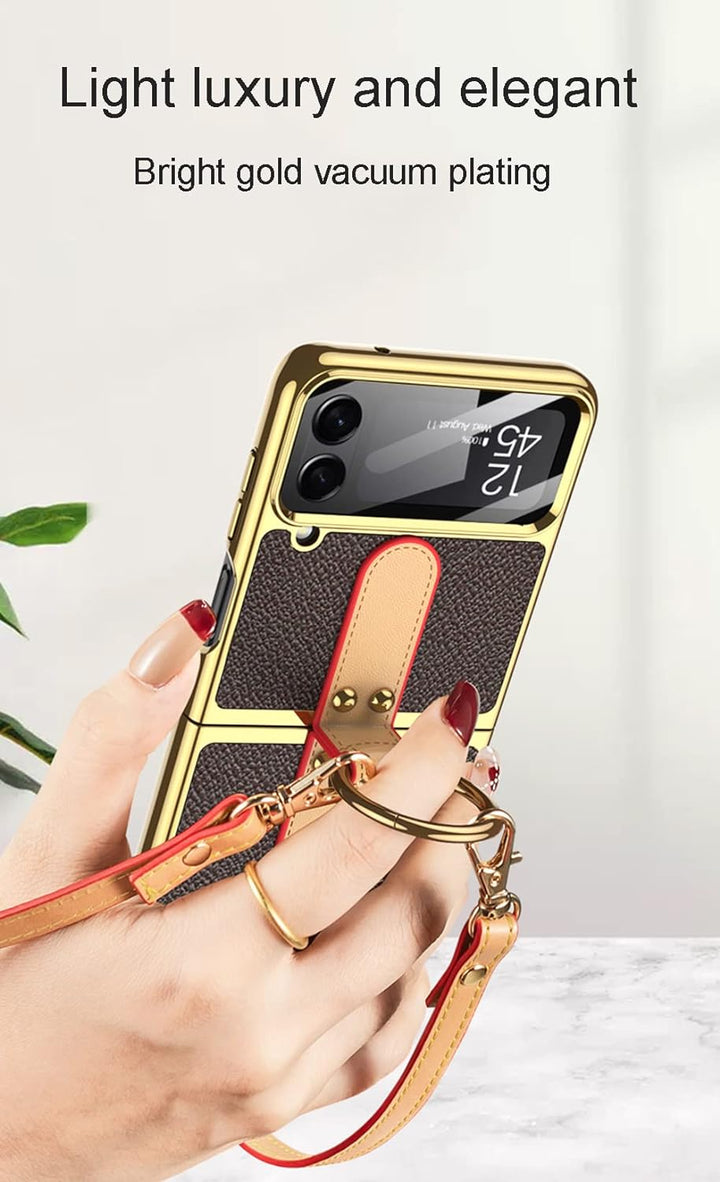 CeeEee Kompatibel mit Galaxy Z Flip 4 Hülle 5g 2022 Cover Klappbar Leder mit Ring und Umhängeriemen