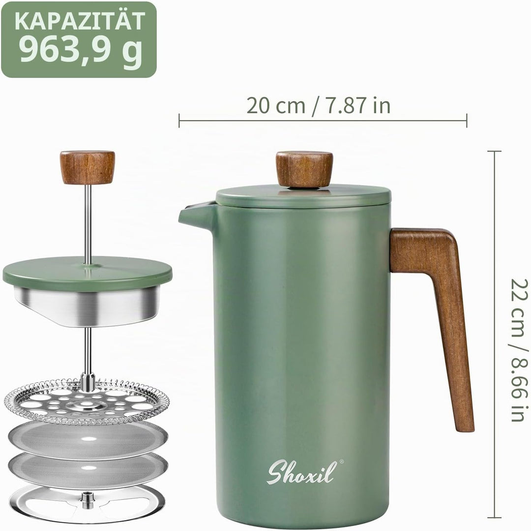 French Press Thermo Kaffeebereiter 1 Liter/8 Tassen, Edelstahl, grüne aus Echtholz, doppelwandig, is