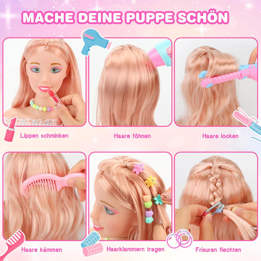 MOMOSTAR 58 Stück Frisierkopf Kinder Set, Schminkkopf für Mädchen, Puppenkopf Zum Frisieren Kinder m