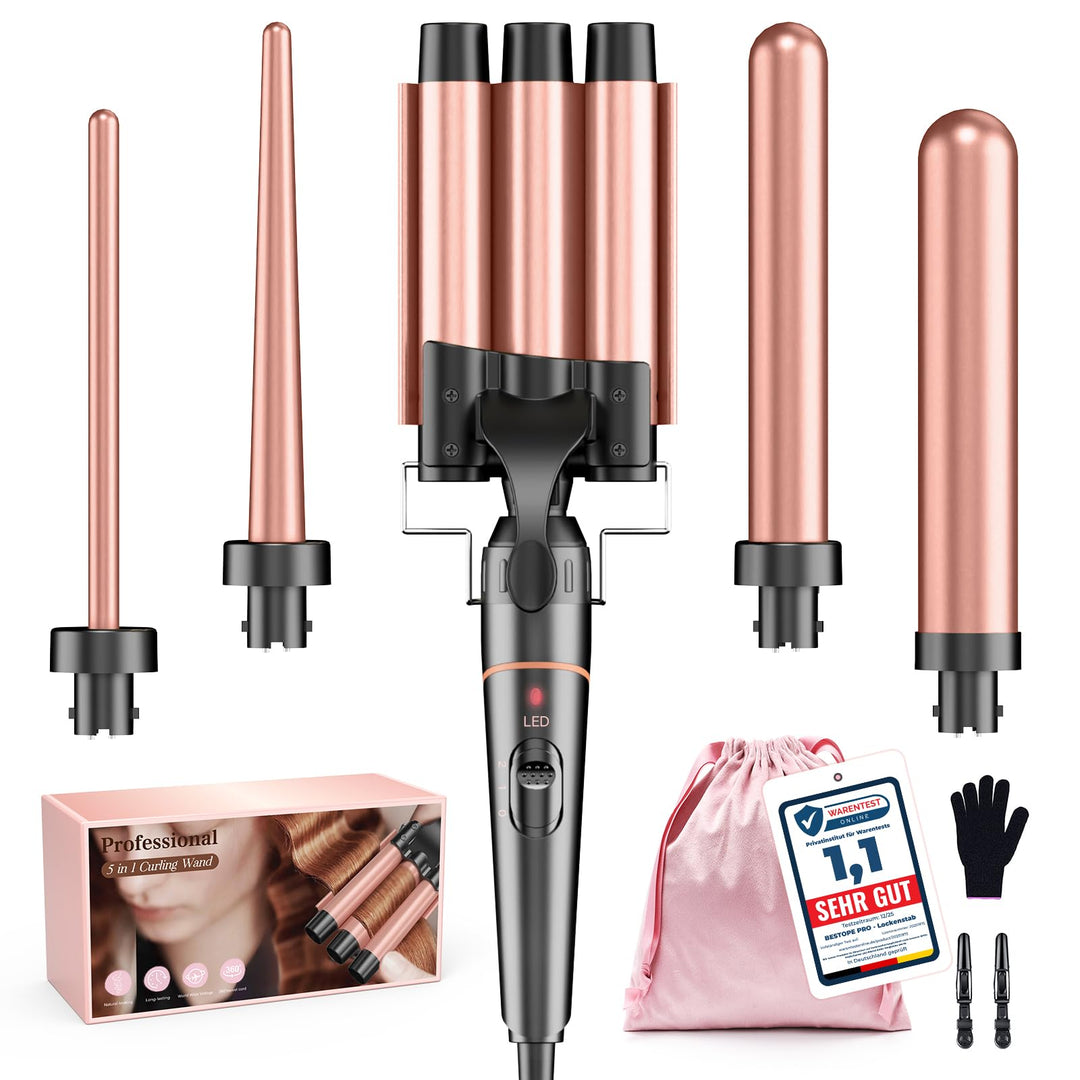 BESTOPE PRO Lockenstab Set 5-in-1 – 3 Keramikfässer für Grosse Locken & Wellen – Schnelles Aufheizen