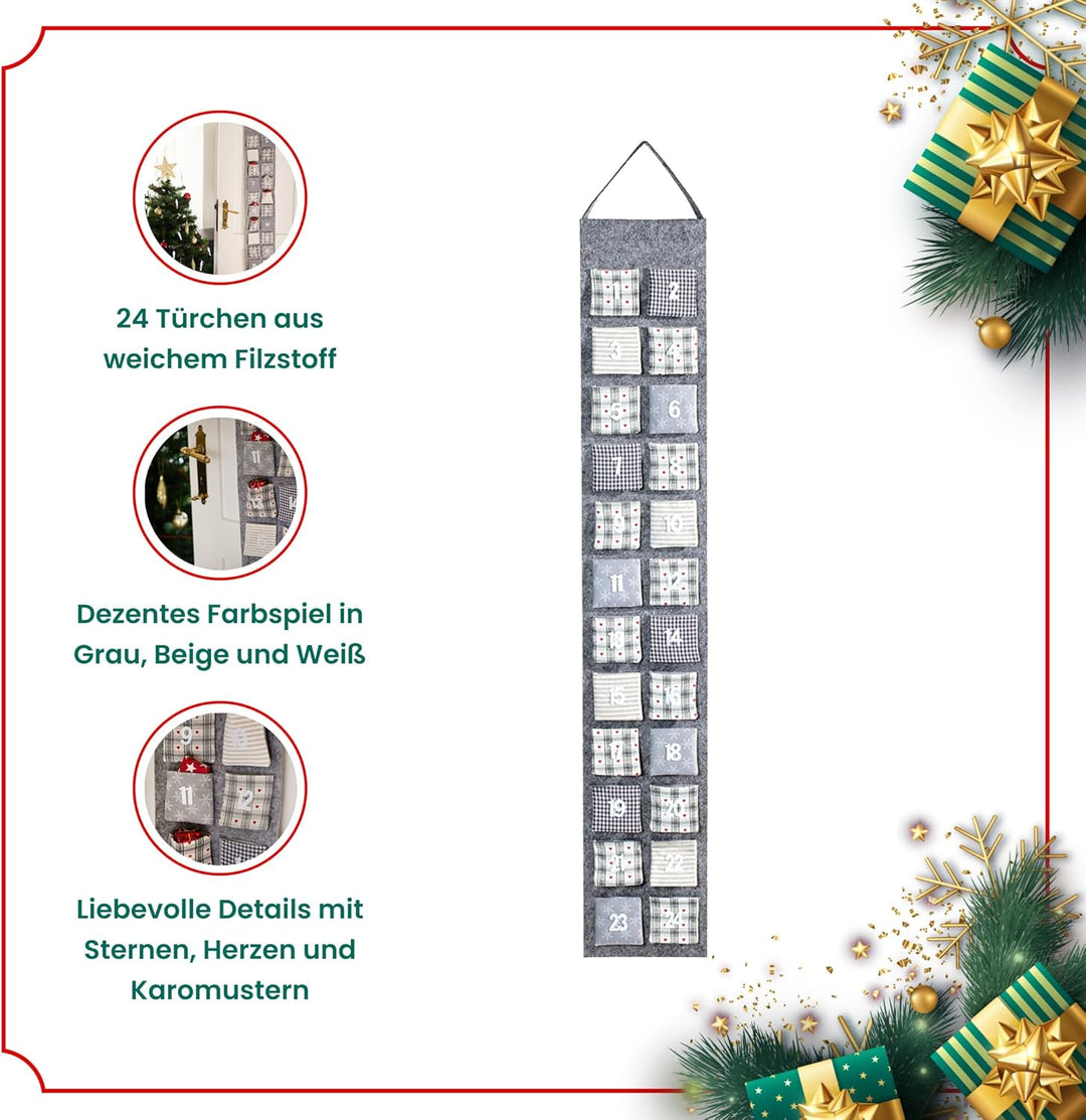 Heitmann Deco Adventskalender zum Aufhängen und selbst Befüllen - Filz-Adventskalender - Grau, Beige