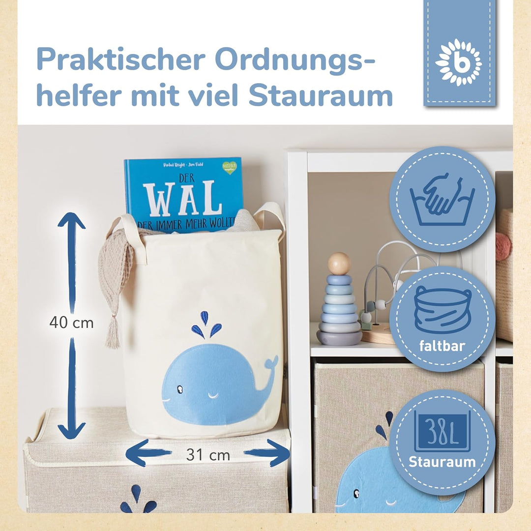 Bieco Wäschekorb Baby Wal | Grosser Aufbewahrungskorb Kinder Baumwolle und Wasserdicht | Aufbewahrun