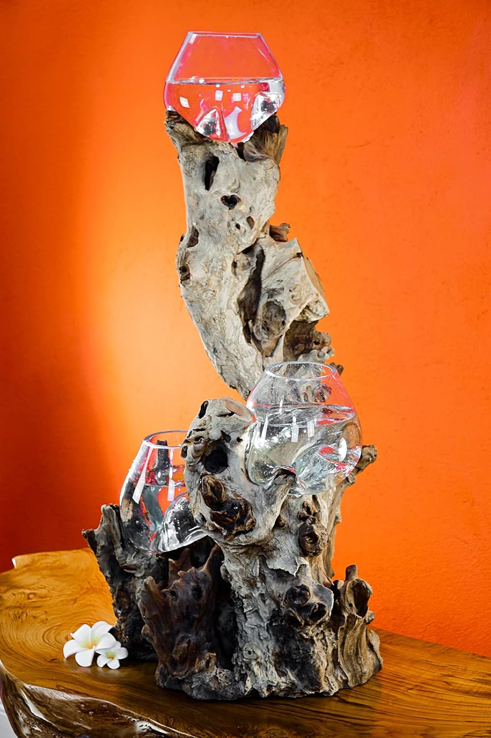Kinaree Geschmolzenes Glas auf Wurzelholz - Glasschale auf Wurzel - Teak Holz mit Glasvase oder Scha