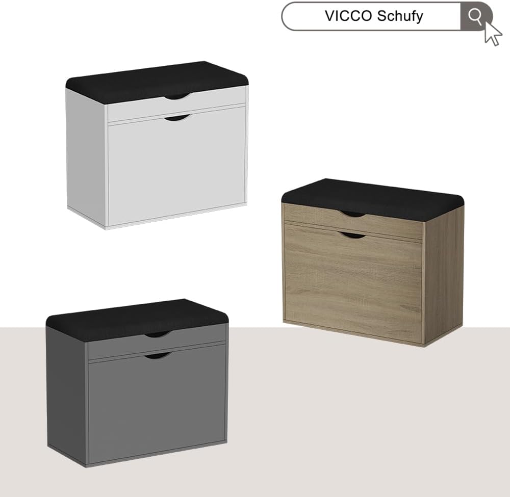 Vicco Schuhbank Schufy, Anthrazit, 60 x 51 cm mit 2 Fächern, mit gepolsterter Sitzfläche abnehmbar z