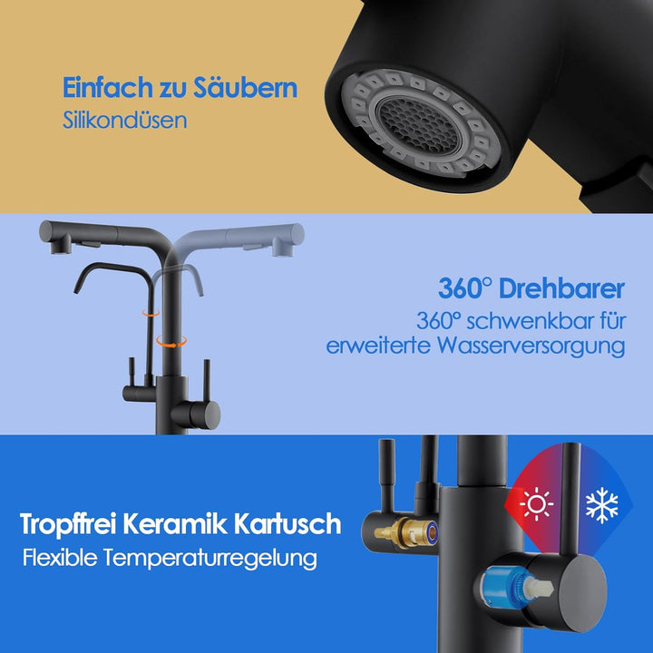 ROVOGO 3 Wege Wasserhahn Küche Edelstahl 304 mit Herausziehbare Dual-Spülbrause, Hochdruck Schwarz K