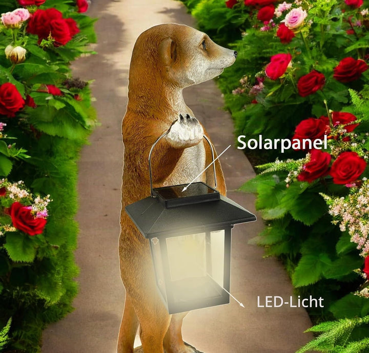 Kremers Schatzkiste Erdmännchen Eddy mit Solarlaterne Figur Gartenfigur 38 cm Tierfigur