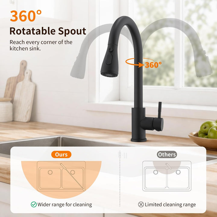 HOMELODY Küchenarmatur Schwarz mit Ausziehbrause, 360° drehbar Wasserhahn Küche Matt Schwarz, Einheb