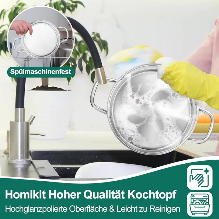 Homikit Kochtopf, 22cm Edeastahl Topf Nudeltopf Induktion 4,7L, Suppentopf mit Glasdeckel & 3-Lagen