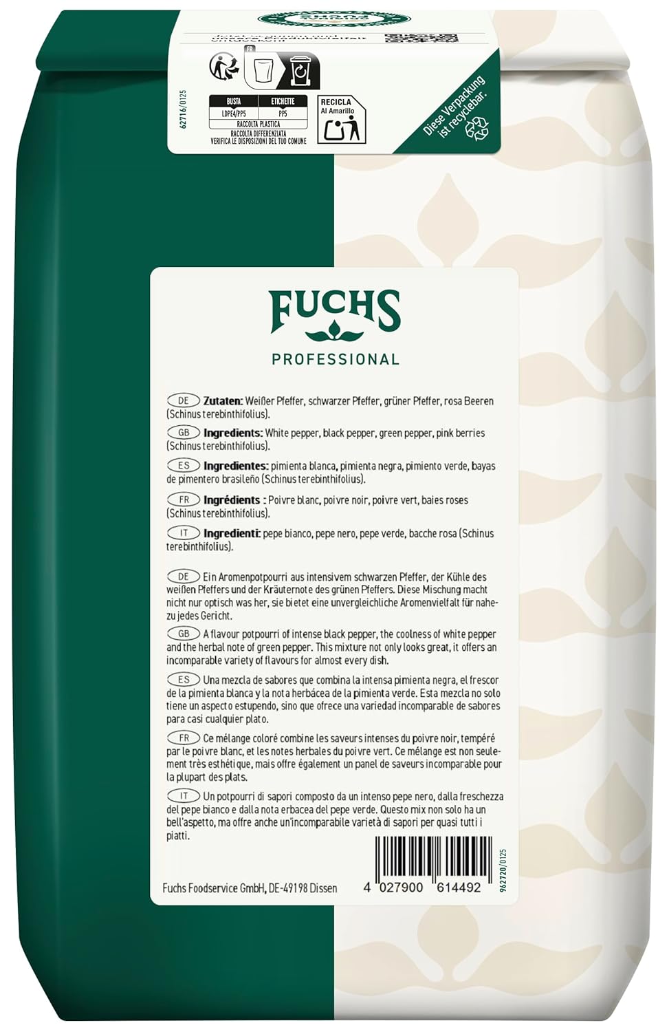 Fuchs Professional - Bunter Pfeffer ganz | Ungemahlenes Universalgewürz, zum Nachfüllen von Pfefferm