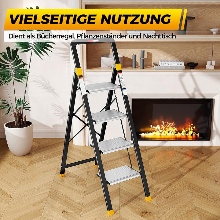 KINGRACK Trittleiter 4 Stufen Klappbar Aluminium, Klappleiter mit Handlauf, Haushaltsleiter Anti-Rut
