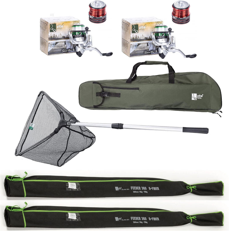 Zite Fishing Angel-Set Feeder-Angeln / 2 Feeder-Ruten 3,60m / 2 Angelrollen mit Schnur Bespult + Alu